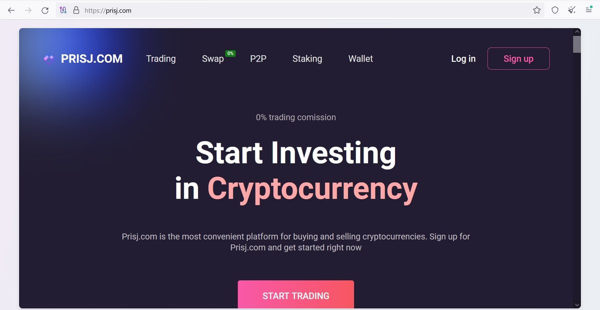 Главная страница сайта криптоплощадки с кнопкой «Start trading»