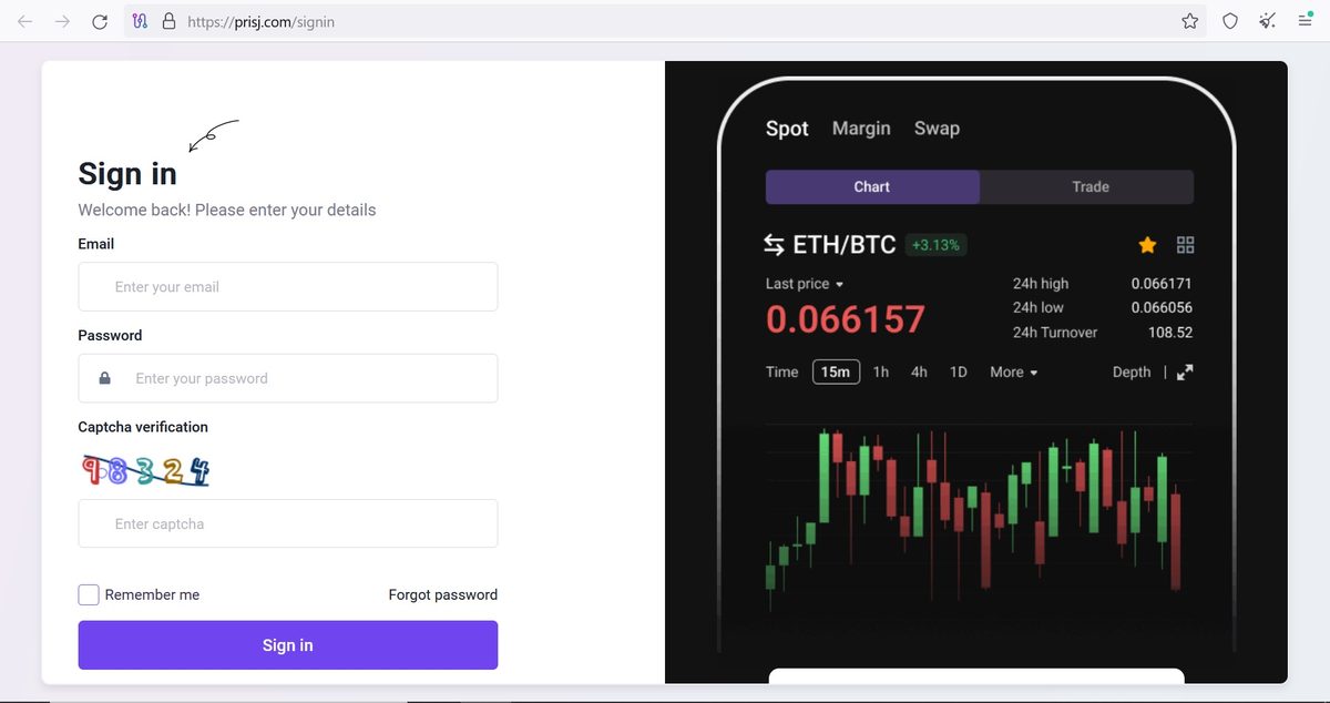 Страница входа на сайт криптобиржи с графиком ETH/BTC